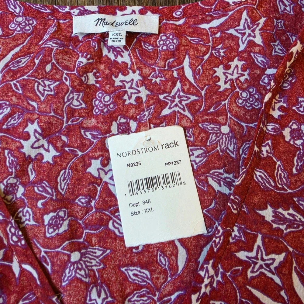 Madewell NWT Womens  NO235 Red Floral V-Neck Puff Short Sleeve Cotton Top XXL